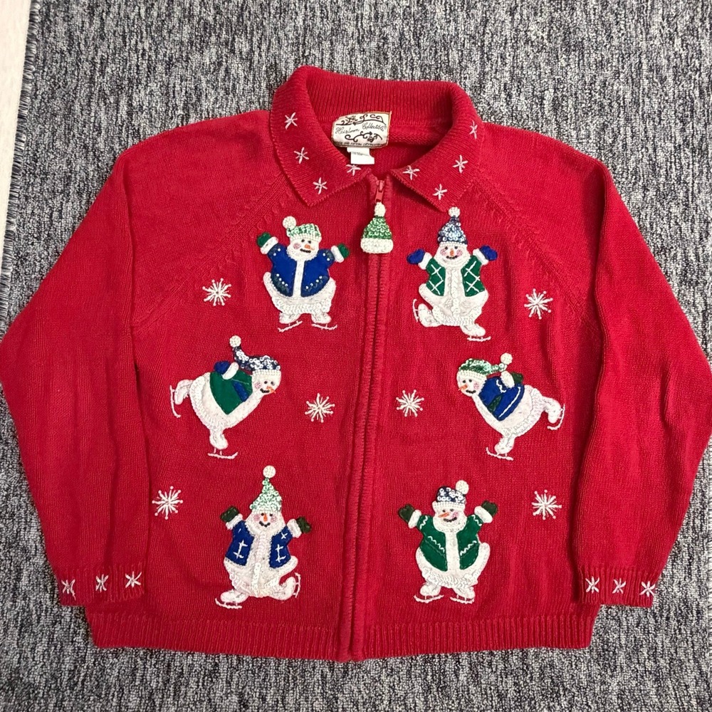 Heirloom‎ Collectibles Ugly Christmas Sweater Snowman Zip Cardigan Size L VTG